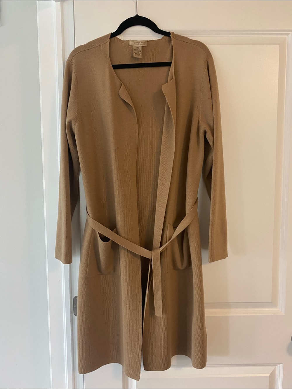 Camel Belted Open Front Cardigan Coat 2 pockets with self tie belt Large 15.00